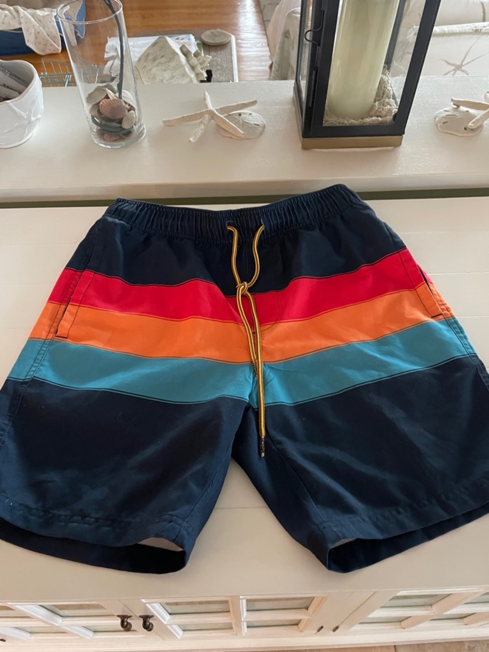 Men's Navy Swim Trunks with Red, Orange & Teal Stripes